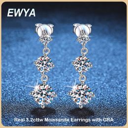 EWYA Luxury Real D Colour 32cttw Drop Earring for Women Girl S925 Silver 3Stone Diamond Long Tassel Dangle Earrings 240401