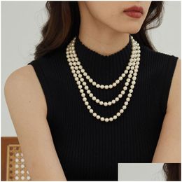 Beaded Necklaces Fashion Ladies Glass Pearl Beaded Necklaces Female Temperament Double-Layer Long Necklace Jewellery Sweater Chain Acces Dhu9Z