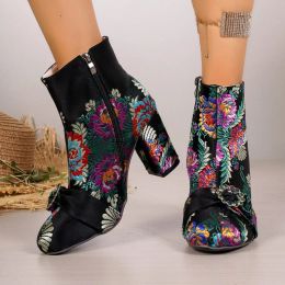 Boots Winter Square Heel Modern Boots Ankle Square Toe 2024 Brand Ladies Shoes High Heel Mixed Colours Embroidery Ethnic Women's Boots