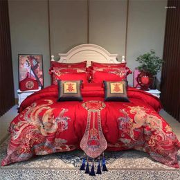 Bedding Sets Red Chinese Wedding 100S Egyptian Cotton Set Loong Phoenix Embroidery Tassel Duvet Cover Bed Linen Bedspread Pillowcases