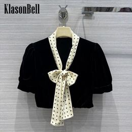 Women's Blouses 8.13 KlasonBell Temperament Elegant Silk Polka Dot Print Bow Puff Sleeve Short Velvet Blouse Top Women