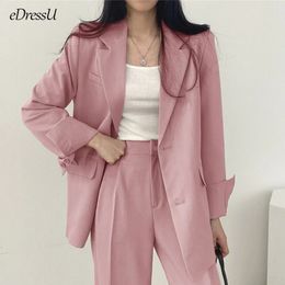 Woman Blazer Jacket Long Pants Trousers Women Set Pink Suits Office Korean TwoPiece Single Breasted Business Wear ZX828 240309
