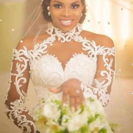 2024 African Wedding Dress High Illusion Neck Long Sleeves Lace Appliques Pearl Beading Mermaid Bridal Gowns Vestidos De Noiva