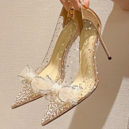Pumps Female Bow Pointed Wedding Shoes Spring Autumn Fashion Stiletto Sexy Transparent Thin High Heels Party Pumps Zapatos Novia