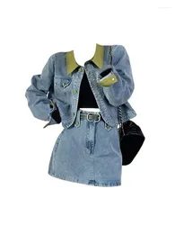 Work Dresses High Quality Formal Occasion Classical Denim 2 Piece Skirt Set Simple Lapel Collar Women Coat Long Sleeved A-Line Korean