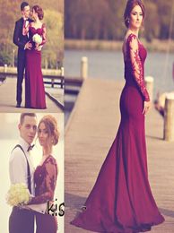 EyeCatching Burgundy Lace Mermaid Evening Dresses Sweetheart Sheer Long Sleeves Court Train Prom Gowns Engagement Dresses9069767