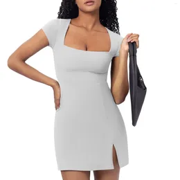 Casual Dresses Women Square Neck Short Sleeve Mini Dress Side Slit Stretchy A Line 100 Cotton