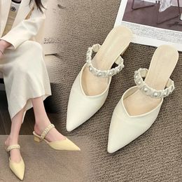 Shallow Shoes Woman Cover Toe Low String Bead Slippers Luxury Slides Square heel Mules Sexy Designer Block 240322