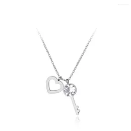 Pendant Necklaces Trendy Lovely Titanium Stainless Steel Heart CZ Key Rose Gold Color Chain Necklace For Xmas Gift N19068