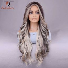 Synthetic Wigs Aideshair part Silver Gray Long Wave curly wig Natural synthetic heat resistant fiber for everyday party use (28 inches) Y240401