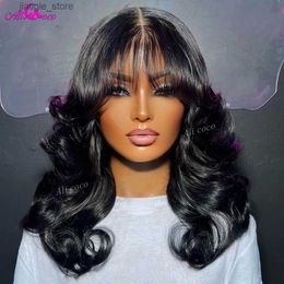 Synthetic Wigs Natural Black Body Wave Short Bob Human Hair Wig 4x1 Transparent Lace Closure Human Hair Wigs With Bangs 1B Brazilian Hair Bob Y240401