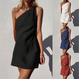 Casual Dresses One Shoulder Ladies Dress Solid Colour Slim Cotton Fashion Temperament Summer Elegant Women Short