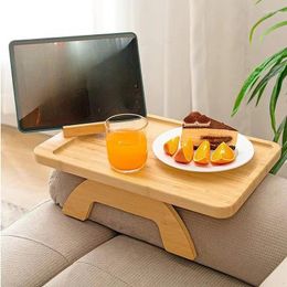 Hooks Bamboo Sofa Tray Table Clip On Side Couch Arm With Phone Holder