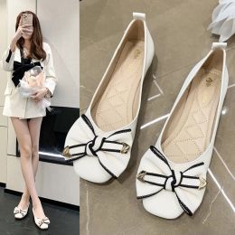 Pumps Fashion Thick Heel Shoes for Women In Spring 2023 New Soft Sole Bow Knot Shallow Mouth Square Head Low Heel Pea Shoes