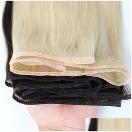 Human Hair Weaves Extensions Remy Flat Weft Silk Ribbon Bundles Tra Thin Black Brown Blonde 99J Wine Red Colour Drop Delivery Products Dha8Q