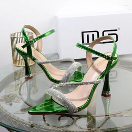Dress Shoes Luxury Elegant Green 2024 Summer High Heels Fashion Joker Fairy Sandals Rhinestone Buckle With Women's