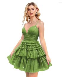 Party Dresses Glitter V Neck Tulle Homecoming Spaghetti Straps Short Prom Teens Ruffles Mini Cocktail Dress Vestidos De Festa