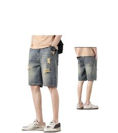 Perforated denim shorts, men's trendy casual capris, thin summer loose straight leg shorts, new style