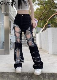 Women's Jeans High Street Ties Waist Loose Slimming Hole Floor-length Straight Pants 2024 Fashion Clothes