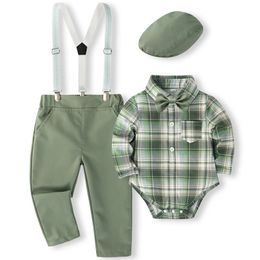 5Piece Spring Boy Clothes Korean Fashion Plaid Long Sleeve BodysuitPantsTieHatStraps Baby Luxury Clothing born Set BC1683 240327