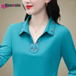 Women's T Shirts Elegant Female Blouses T-shirts Embroidered Lapels Polo Long Sleeve T-shirt Basic Woman Geek Chic Tees Top