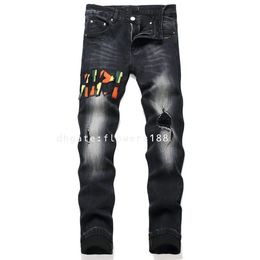 AM Men's Jeans New Street Black Hole Embroidered Badge Pencil Pants Stretch Men's Mid-Rise Jeans Trendy Chequered Jeans Children Jeans Miri Jeans