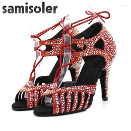 Dance Shoes Samisoler Latin Zapatos De Baile Latino Mujer Shining Bronze Skin Black Satin Women Salsa Party Ballroom