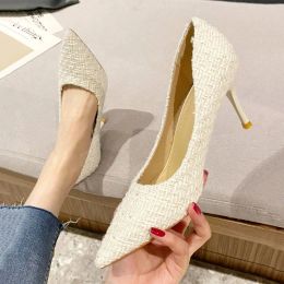 Pumps Tweed Cloth Pointed Toe Pumps Ladies Elegant Thin High Heels Office Shoes Women Brand Designer Slip On Stiletto Heel Party Shoes