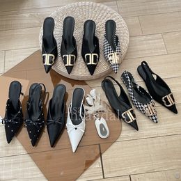 Luxury High quality designer High Heels leather women sandals Dress shoes Fashion pointy bow buckle heels Show party wedding shoes Flat styles slippers