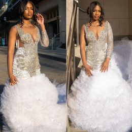 Gorgeous white mermaid prom dress for black women beaded crystal one sleeve formal evening dresses elegant tiered ruched African dresses for special occasions