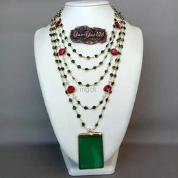 Pendant Necklaces 5 Strands 18 White Pearl Green red Crystal Chain Necklace Green Agates Pendant handmade vintage party style for women jewelry 240330
