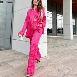 Women's Two Piece Pants Trend Vintage Leopard Print Women Sets Fashion Single-breasted Lapel Shirt And Wide Leg Suit Elegant Female Casual