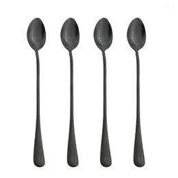 Coffee Scoops 4Pcs Black Long Handle Tea Spoons Juice Stirring Cutlery Stainless Steel Spoon Drinking Flatware Kitchen Drop
