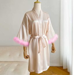 X8LS Sexy Pyjamas Womens Satin Silk Pyjamas Bathrobe Spring And Autumn New Sexy Morning Robe With Feather Long Sleeved Outwear Robe Nightgown 2404101