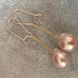 Dangle Earrings 1pair 12-13mm Pink Baroque Pearl 18k Ear Drop Hook Fashion Wedding Natural Cultured Irregular Luxury