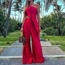 Women Fashion Loose Outfits Sexy Skew Collar Irregular Blouse and Wide Leg Pant Suits Elegant Off Shoulder Solid Two Piece Sets
