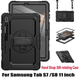 For Samsung Galaxy Tab S7 S8 11 inch Case Hand Strap 360 Rotation Kickstand Hybrid Silicone Rugged Shockproof Kids Safe Tablet Cover with S Pen Holder +Shoulder Strap