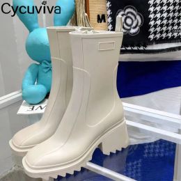 Boots Brand PVC Rainboots Women Rubber Shoes Chunky Heel Women Boots Solid High Heel Platform Shoes For Women Designer Botas Femininas