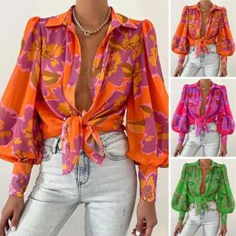 Women's Blouses Floral Print Lapel Shirt Flower Printing Puff Sleeve Blouse Stylish Single-breasted Workwear With Loose Fit Thin