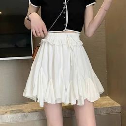 Fashion AllMatch Mini Skirts for Women Korean Style High Waist LaceUp White Pleated Skirt Woman Summer Ruffles Short 240326