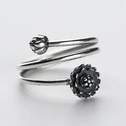 Cluster Rings Black Lotus Flower 925 Sterling Silver Open For Women Retro Vintage Adjustable Lady's Jewellery Prevent Allergy