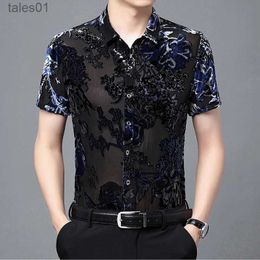 Men's Plus Tees Polos Mens Transparent Flowers Clothing 2022 Summer Man Sexy See Through Shirts Male Silk Velvet Floral Dress Shirt Short Sleeved yq240401