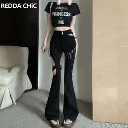 Women's Jeans ReddaChic Black Women Cut-out Bootcut Pants Basic Solid Waistless High Rise Flare Graphic Print Ladies Trousers Streetwear