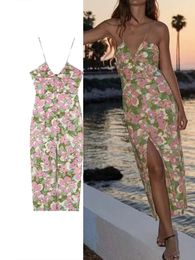 TRAF PRINT SLIP Длинные платья для женщин Corset Midi Женское платье пляж без спинки тонкие ремни летние женщины 240402