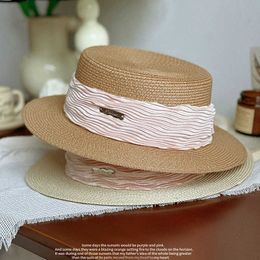 Flat top hat womens summer pleated hat decoration small fragrant wind wide brim sunshade hat fashionable and versatile for vacation elegant straw hat