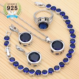 Sets Ladies Silver 925 Jewelry Sets For Women 2018 Blue Cubic Zirconia Rings/Bracelets/Earrings/Pendant Necklace Set Free Gift Box