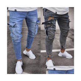 Mens Jeans Ripped Pocket Blue Solid Color Denim Slim Fashion High Street Biker Male Long Trousers Pencil Pants Drop Delivery Apparel C Dhmfh