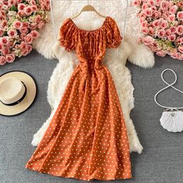 Party Dresses Summer Square Collar Wave Point Dress Sweet Women High Waist Tie Bow Puff Sleeve Long Female Seaside Holiday Beach