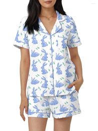 Home Clothing Women 2 Piece Y2k Print Pajama Set Short Sleeve Lapel Collared Button Down Shirt Shorts Pjs Lounge Easter Day Sleepwear