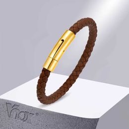 Chain Vnox 6mm White Brown Braided Leather Bracelets for Women Men Unisex Bangle with Stainless Steel Clasp Woven Cord Bracelet Q240401